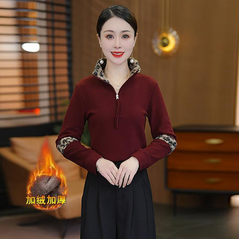 豹纹拼接加厚打底衫女秋冬气质减龄小衫洋气百搭加绒保暖内搭上衣