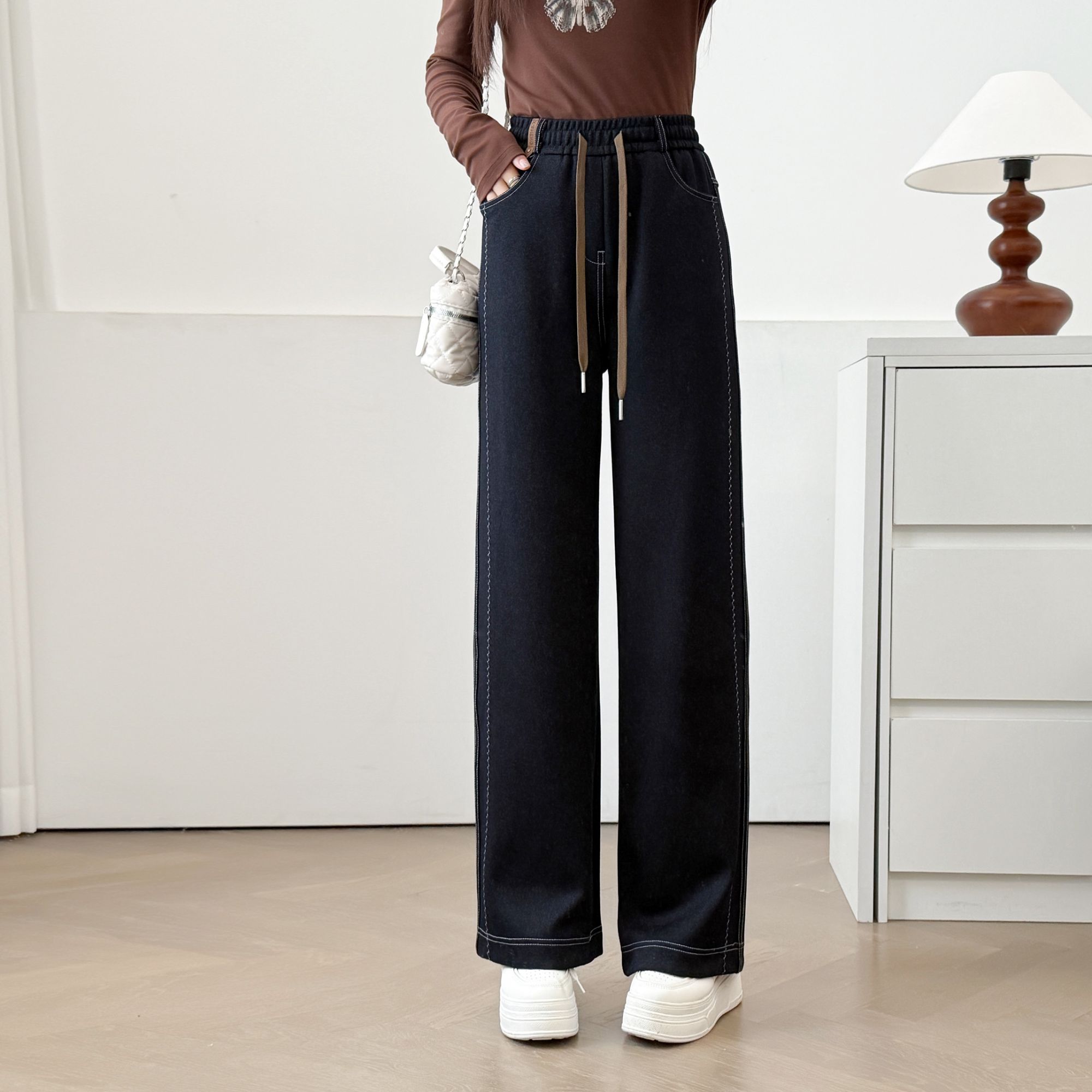 大码直筒裤胖mm休闲显瘦春秋新款松紧腰高腰遮跨百搭阔腿裤长裤女