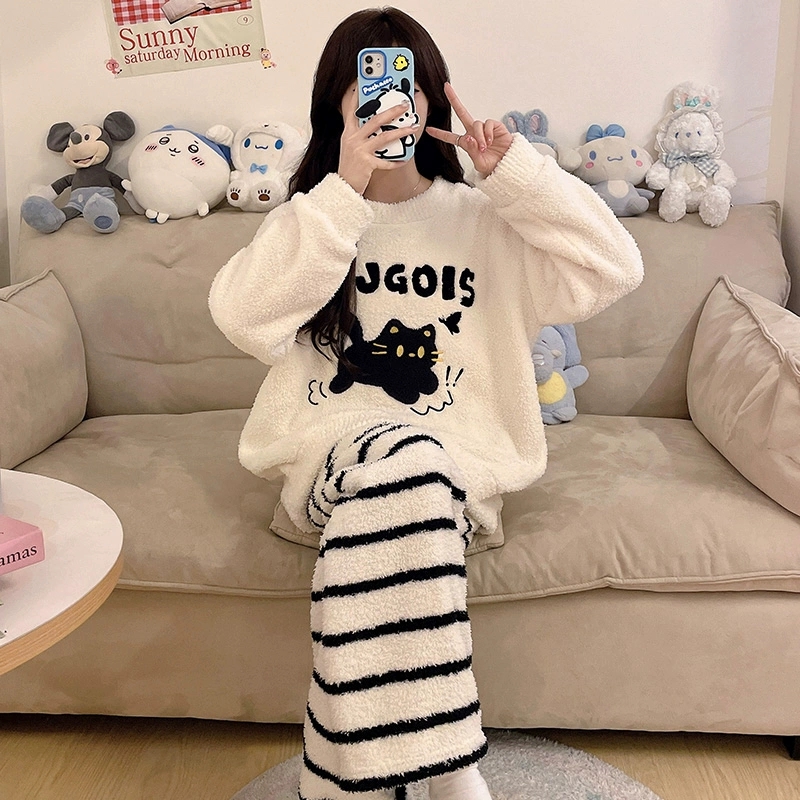 女童半边绒睡衣秋冬季2025新款儿童卡通宽松珊瑚绒女孩冬天家居服