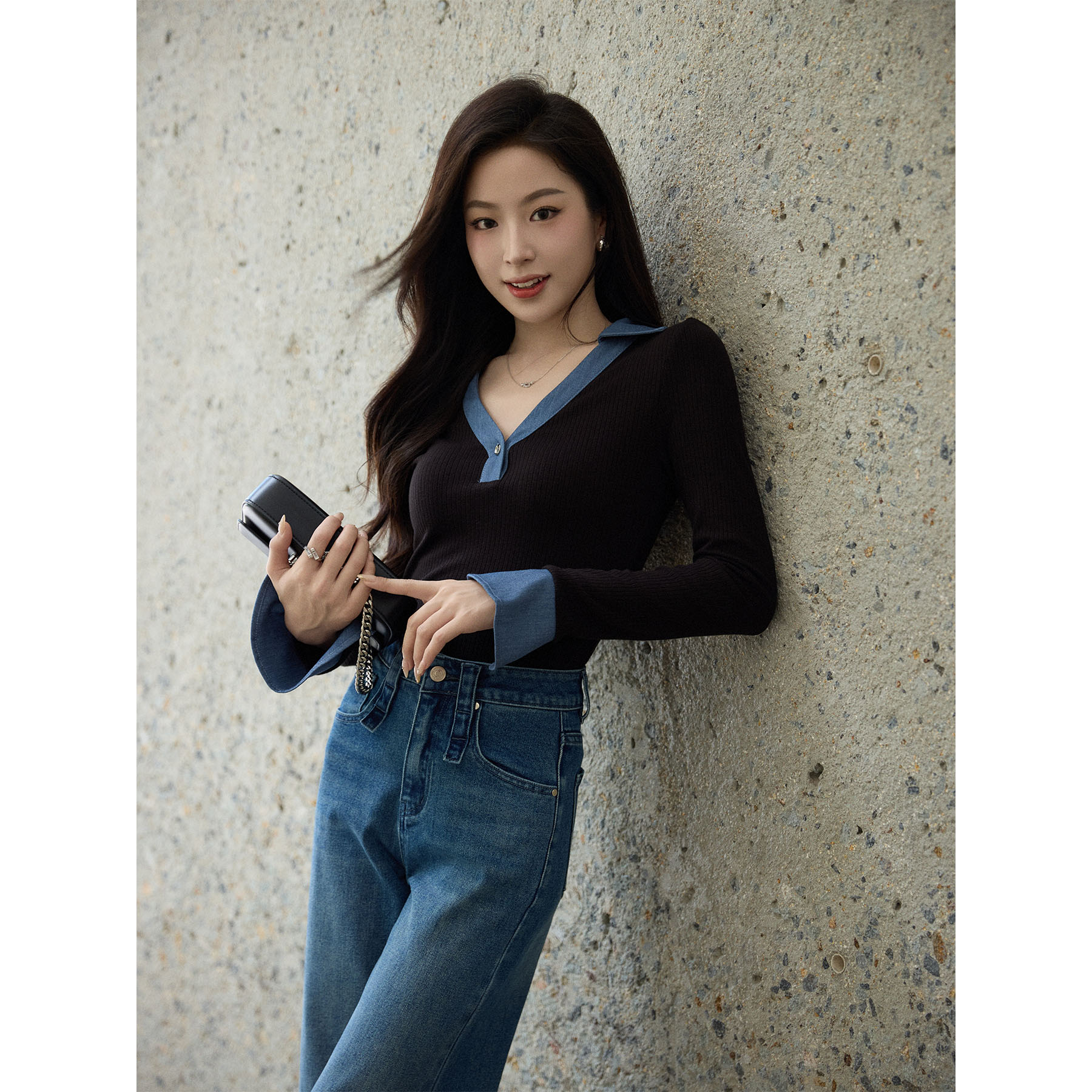 MEINA【蓝氧计划】纯欲时尚气质设计感百搭POIO领拼色修身显瘦上衣