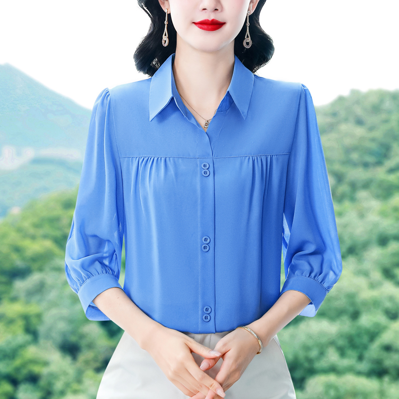 七分袖雪纺纯色衬衫女夏季新款女士套头休闲衬衣妈妈宽松遮肚上衣