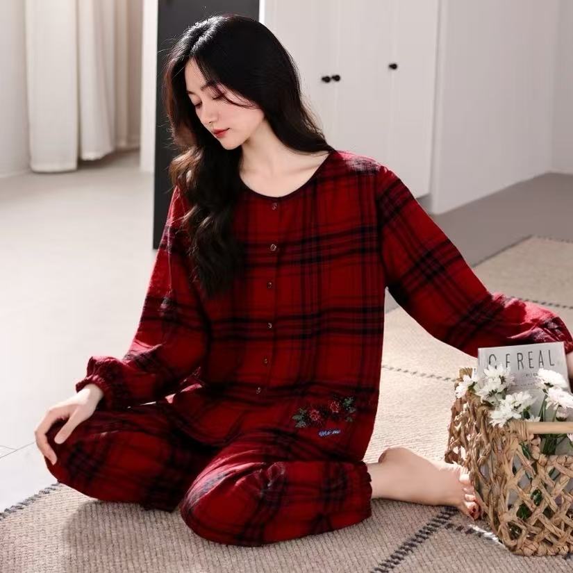 女士春秋季新款圆领格子开衫纯棉长袖长裤睡衣可外穿慵懒风家居服