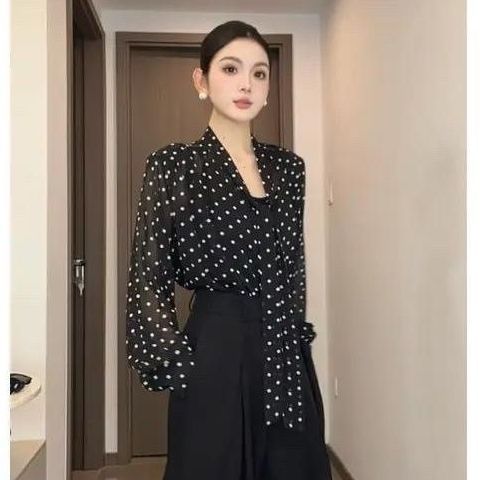 夏季新款复古法式蝴蝶结波点雪纺衬衫女上衣宽松慵懒感气质防晒衫