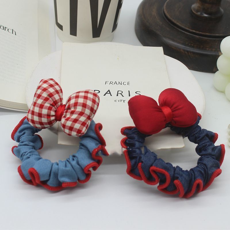 在逃公主~韩版甜美红边牛仔蝴蝶结小肠发圈时尚复古发绳头绳发饰