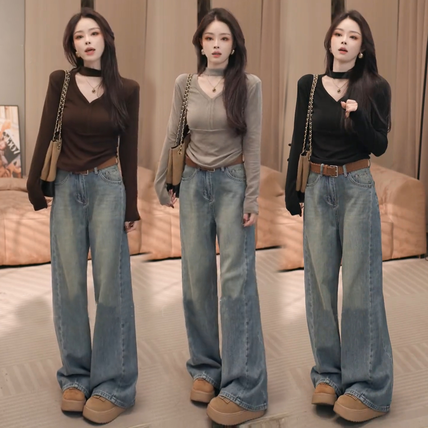 时尚气质V领挂脖长袖t恤女2025秋冬新款洋气小衫打底衫百搭上衣潮