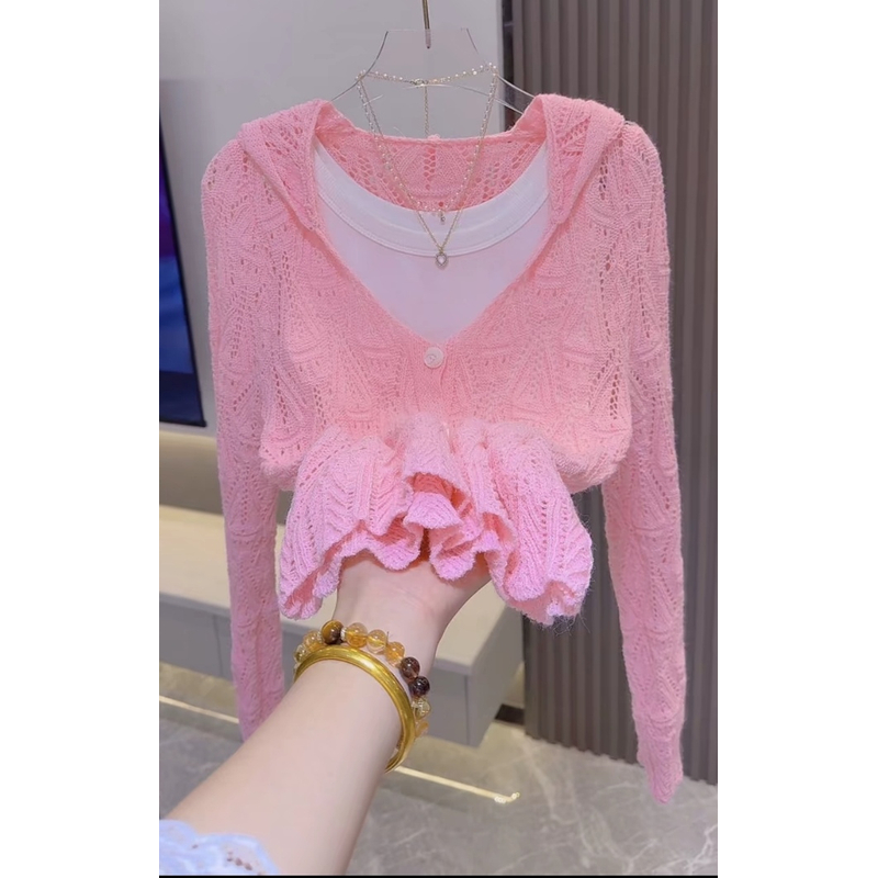 西126法式镂空冰丝连帽开衫长袖针织衫蕾丝气质网红辣妹小众纯欲