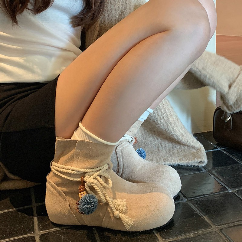 复古中跟秋季日系春秋古风圆头短靴秋冬休闲风磨砂切尔西部靴子