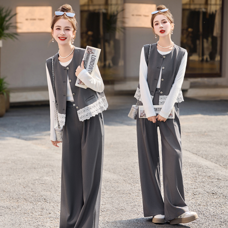 小香风休闲套装女2025春季新款韩系西装蕾丝马甲阔腿裤穿搭一整套