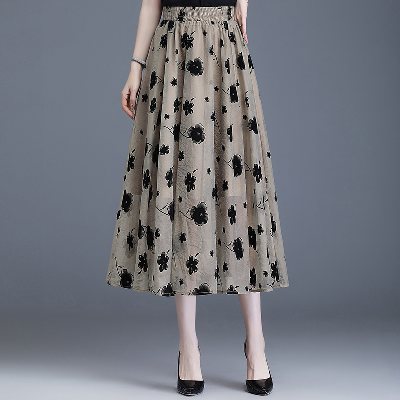 拉夏贝尔网纱半身裙女2025夏季新款高腰显瘦印花a字裙气质百褶裙