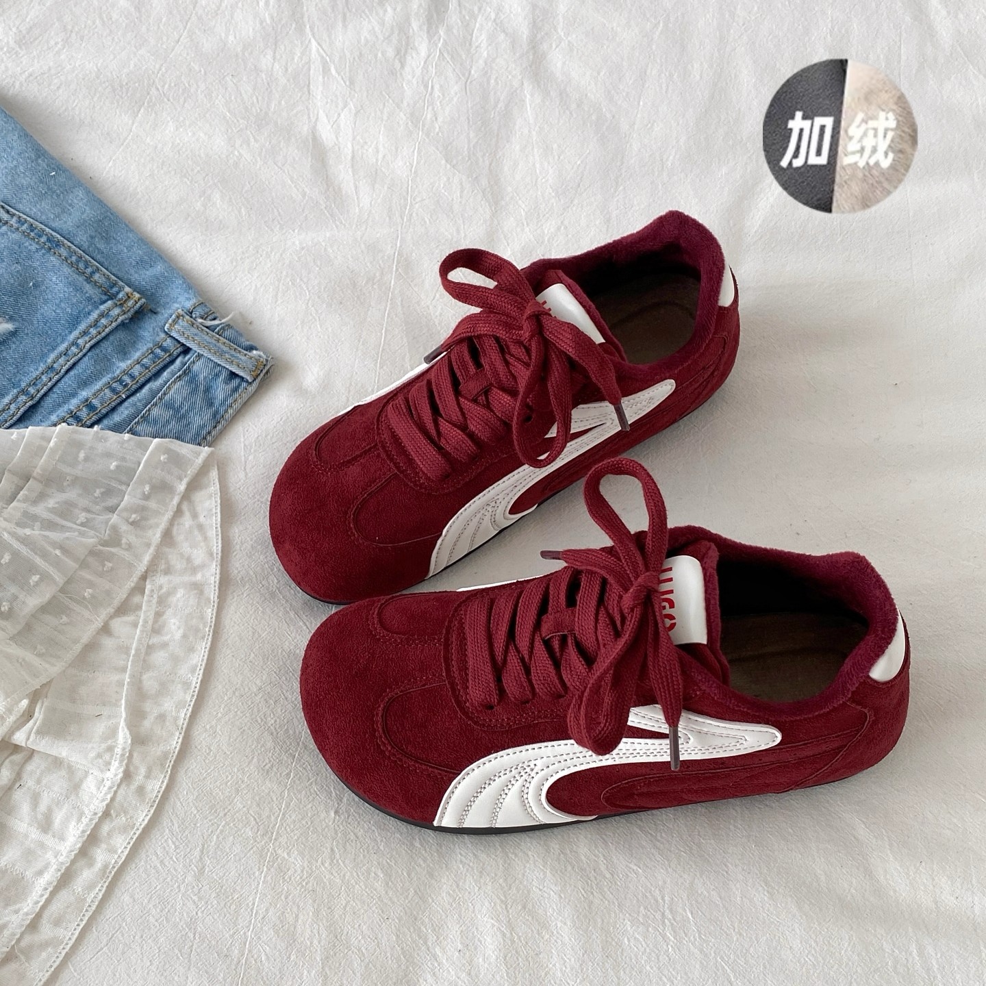 新百伦红色德训鞋女款2025新款冬季运动休闲鞋加绒保暖二棉阿甘鞋