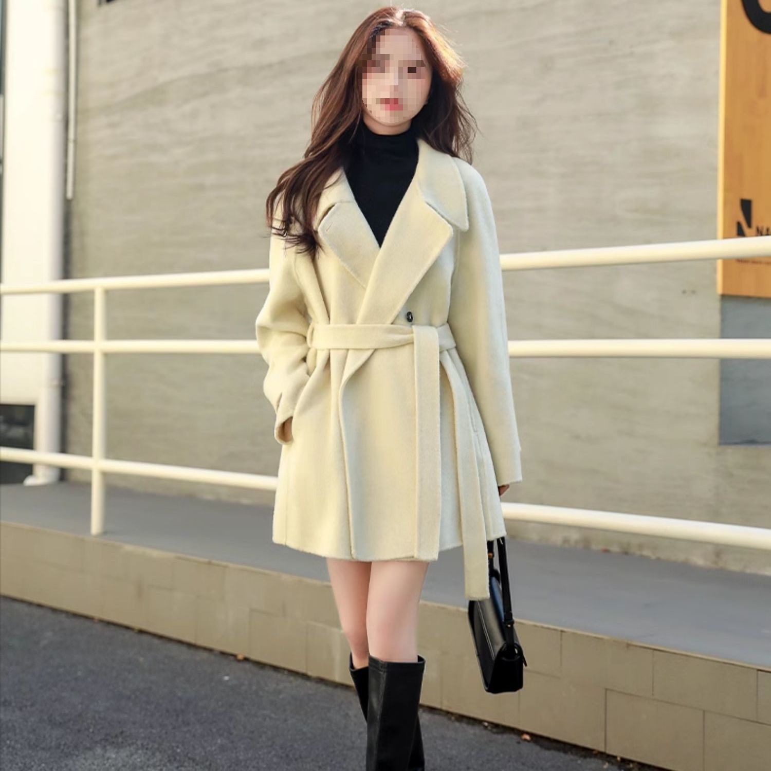 秋冬双面羊毛小个子新款气质韩版气质显瘦立领系带外套大衣