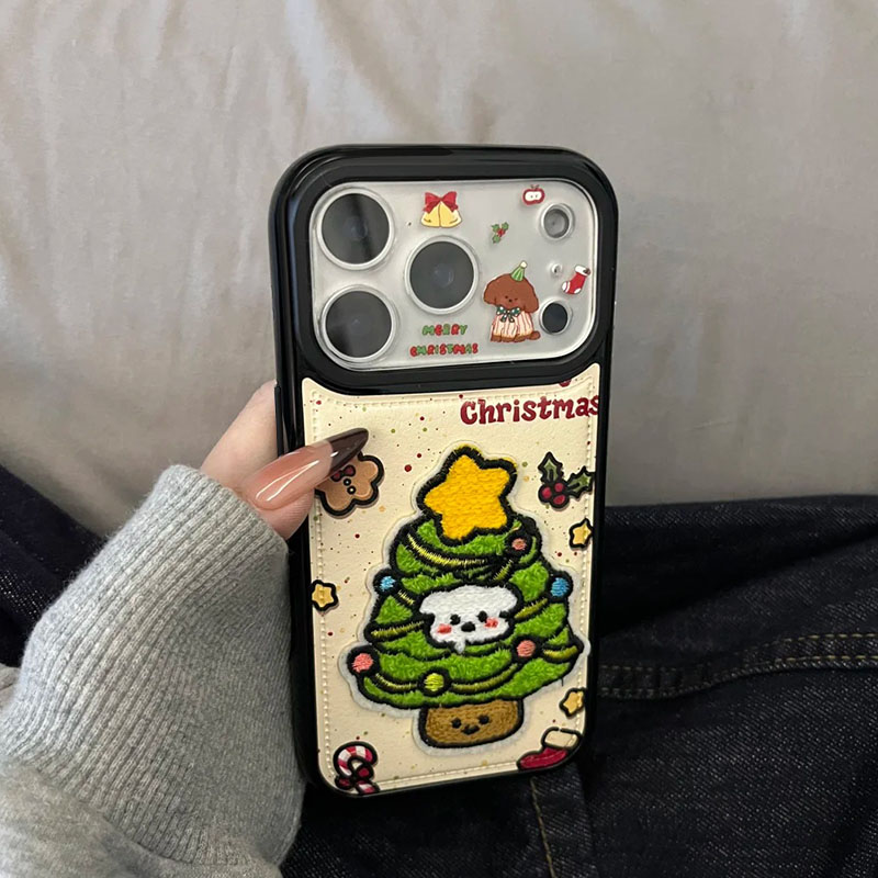 雅天立皮纹刺绣圣诞树小狗适用iPhone16promax苹果17鼓包手机壳15
