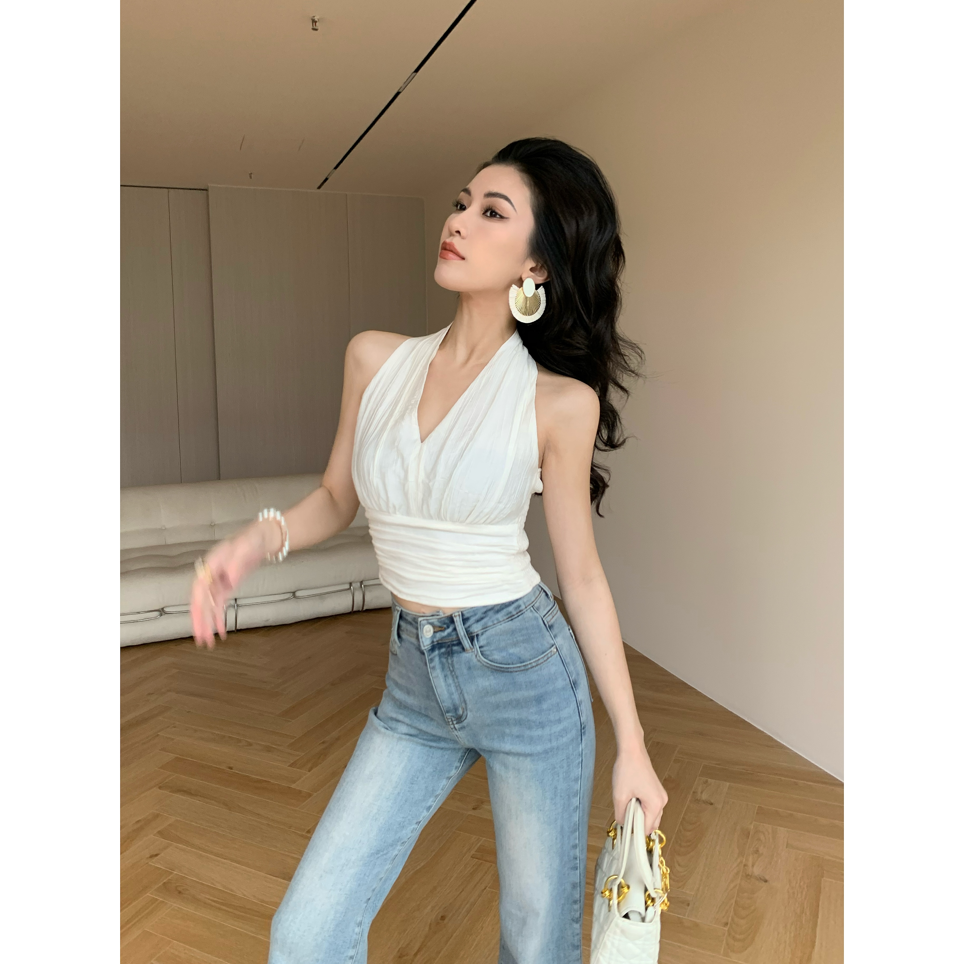 JIJINQI设计感挂脖上衣女辣妹白色修身别致短款T恤JD02SZPT1014