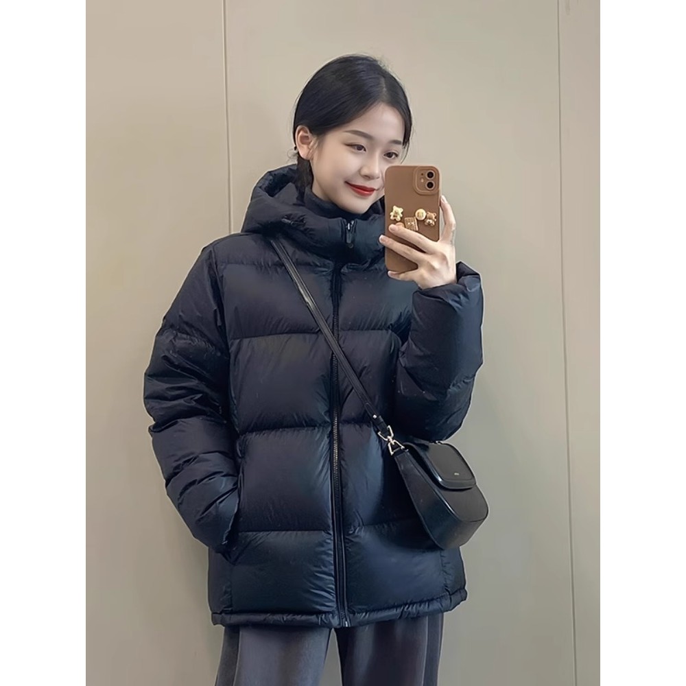 【专柜品质】黑色羽绒服女式2025新连帽白色鸭羽绒面包夹克温暖夫妇