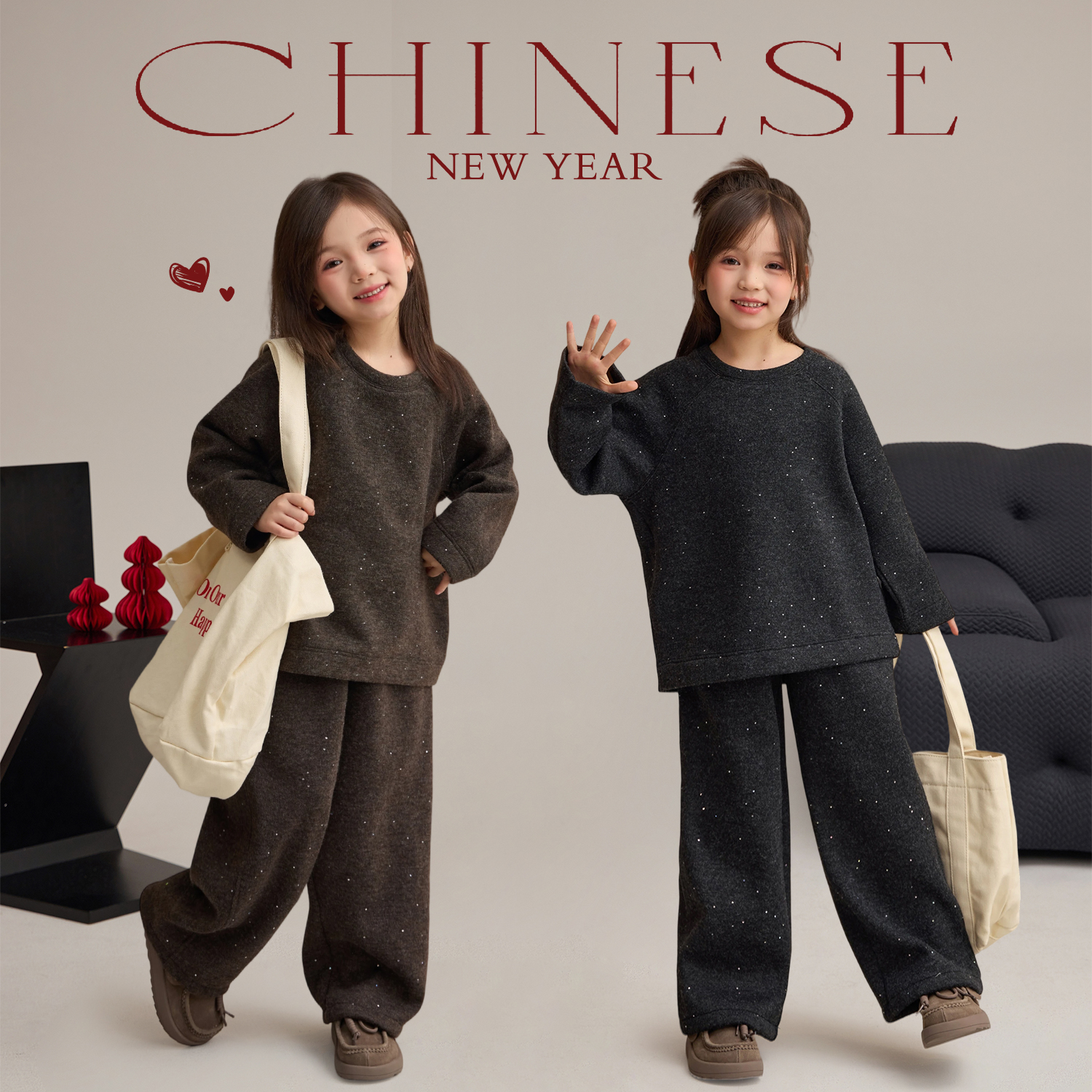 新年款【微光记】羊毛呢珠片加绒保暖宽松显瘦套装 9425D-1/9425D-2