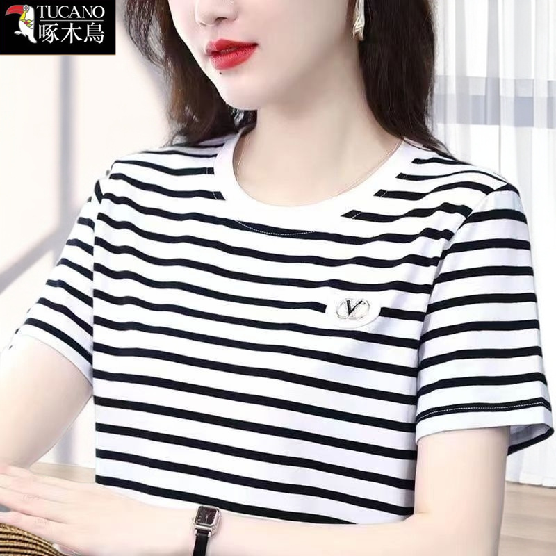 啄木鸟短袖圆领刺绣T恤2025年夏季新款条纹拼色上衣减龄显瘦女装