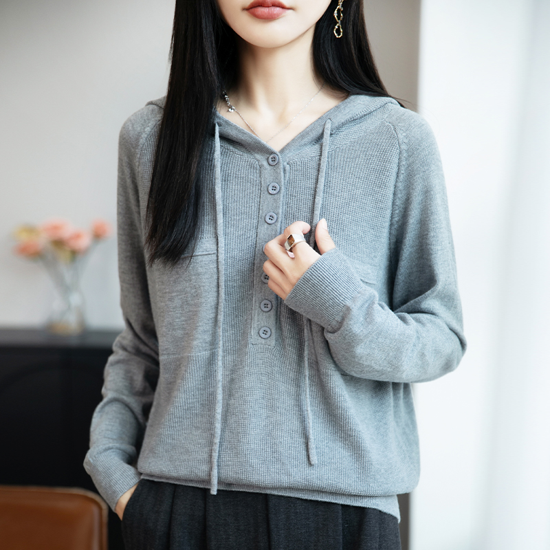 大码针织衫女春秋洋气薄款连帽卫衣宽松显瘦遮肉百搭带帽打底毛衣