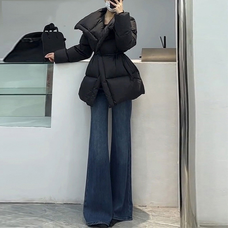 不贴腿加绒微喇牛仔裤女秋冬深蓝色高腰弹力修身显瘦小个子喇叭裤