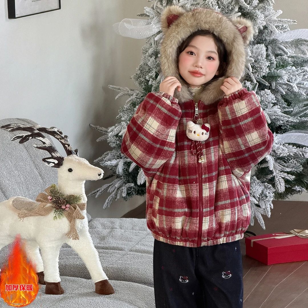 女童冬季红色格子两面穿外套2025新款儿童洋气大童加绒加厚拜年服