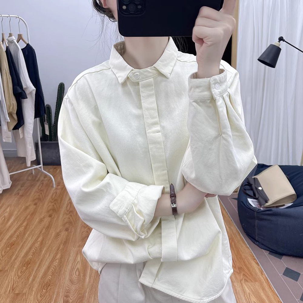 韩版女装时尚洋气宽松polo领长袖斜纹纯棉纯色秋冬加厚新款衬衫女