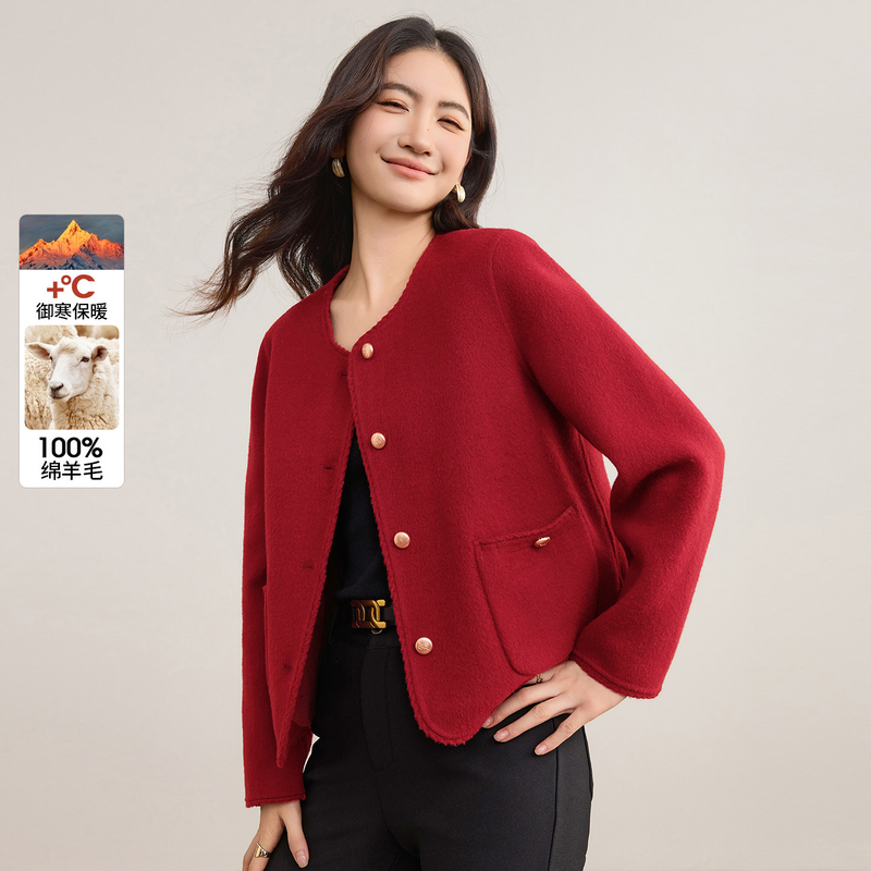 【100%绵羊毛】小香风金属扣织带镶边圆领显高真贴袋毛呢外套