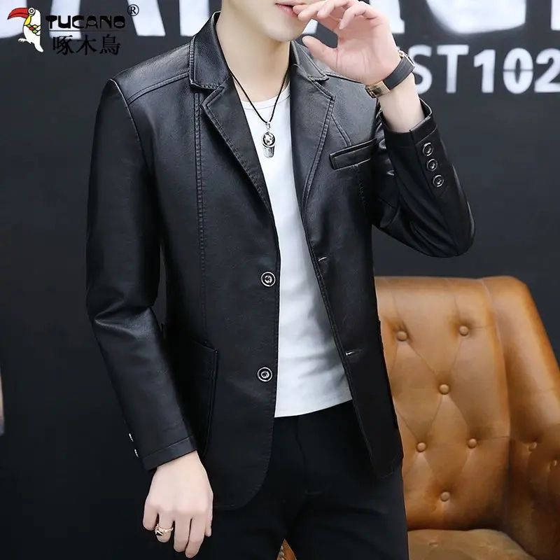 啄木鳥专柜海宁男士薄款皮衣潮流修身休闲百搭西服皮外套夹克男装