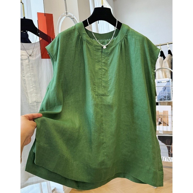 01060亚麻圆领无袖衬衫女夏季宽松休闲巨好看的上衣气质小衫薄款