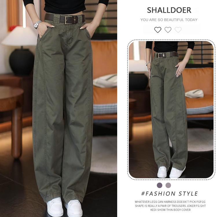 设计感军绿色工装阔腿裤女2025春秋季新款复古显瘦弯刀裤休闲裤子