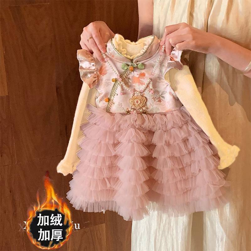千金套装裙子女童常规款旗袍裙小童女加厚纯色公主裙厚款秋冬风