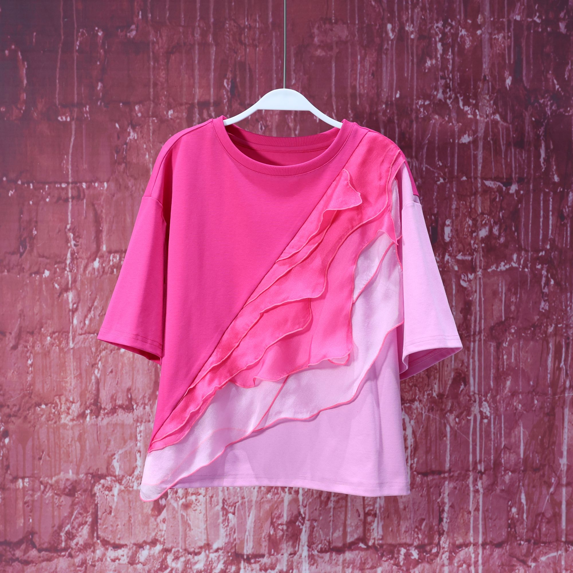 【亮哥女装】2025简约轻薄丹紫红撞色拼接网纱时尚T恤7302A