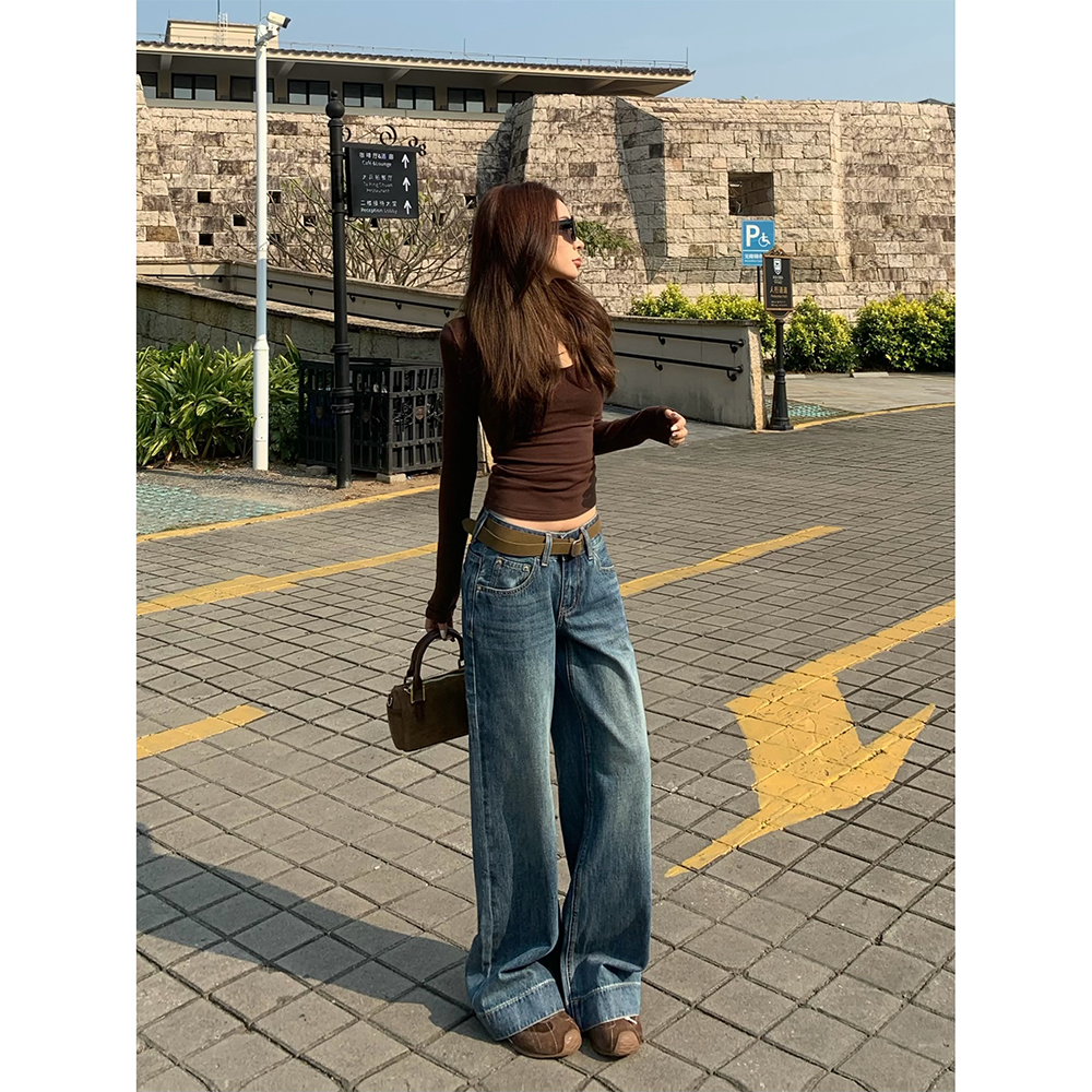 血色樱桃直筒阔腿牛仔裤女秋冬辣妹复古小众低腰设计宽松百搭长裤