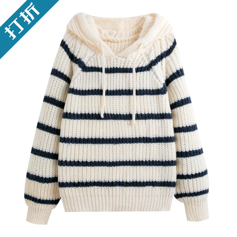马海毛条纹连帽毛衣女秋冬新款韩版慵懒风软糯宽松套头针织衫上衣