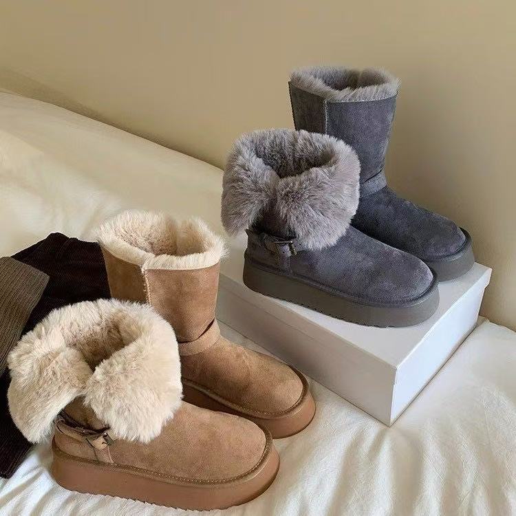 女款毛毛雪地靴厚底雪地靴加绒保暖毛毛翻边鞋子真皮加绒雪地靴