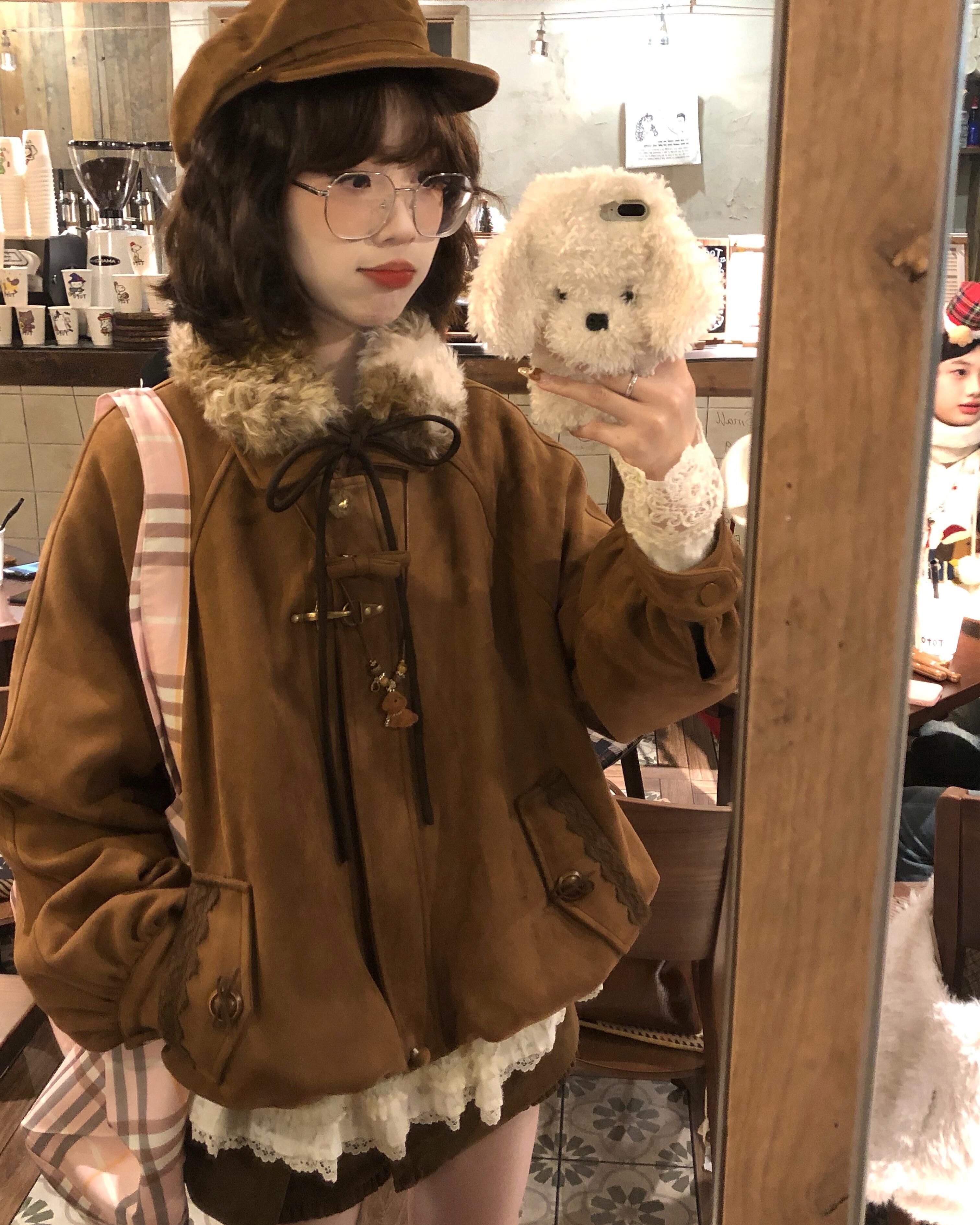 2025秋冬新款韩系复古毛毛领花苞夹棉保暖外套搭配裙裤减龄两件套