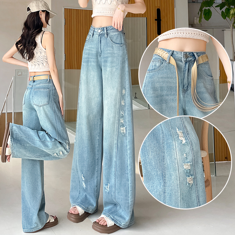 蜜蜜穿搭秋季破洞阔腿牛仔裤女高腰宽松梨型身材垂感直筒拖地裤子