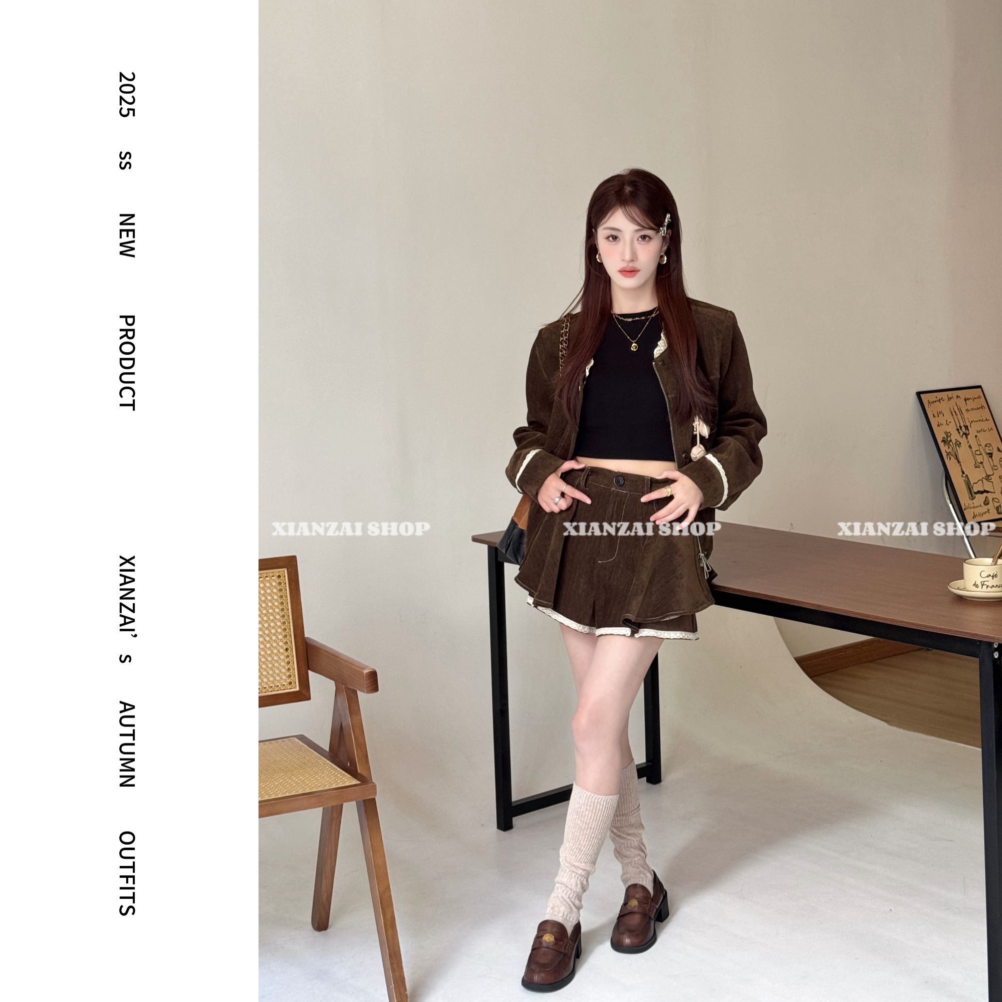 XIANZAI【古着街区】秋季新款美拉德设计拼接外套短裤两件套装