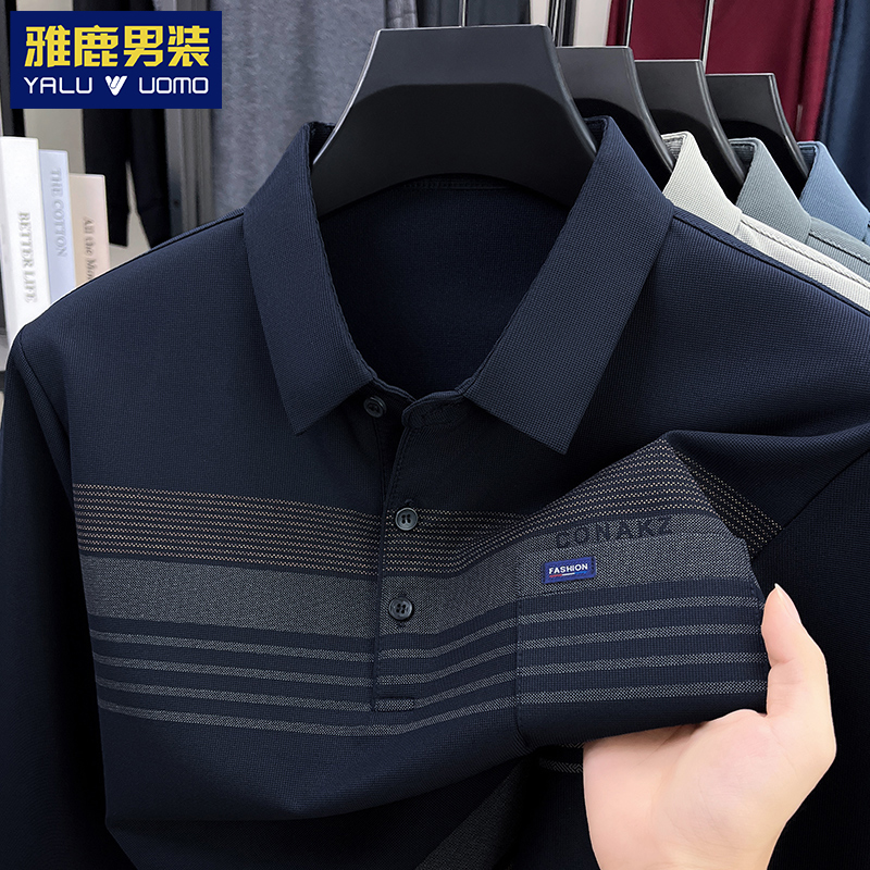 【真口袋】中年爸爸装翻领长袖t恤男秋季条纹印花男装薄款polo上衣