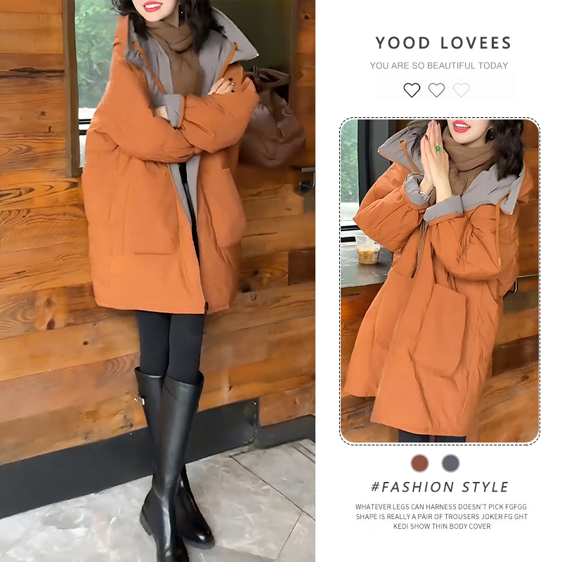 显白气质欧版中长款棉服外套女冬季新款大码宽松慵懒时尚棉衣袄子