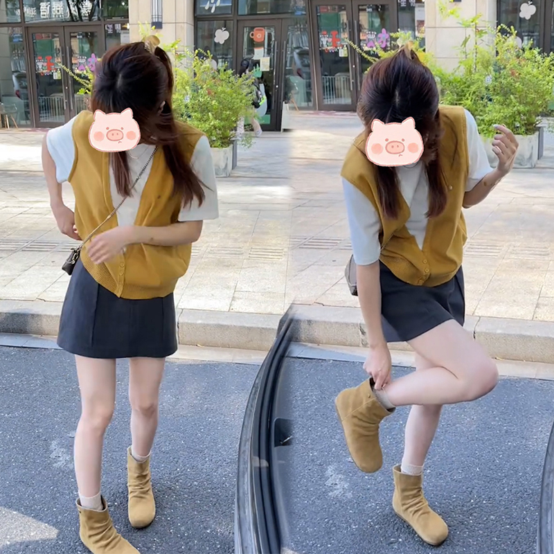 2025韩系慵懒早秋穿搭巨好看的假两件黄色短袖针织衫女夏两件套