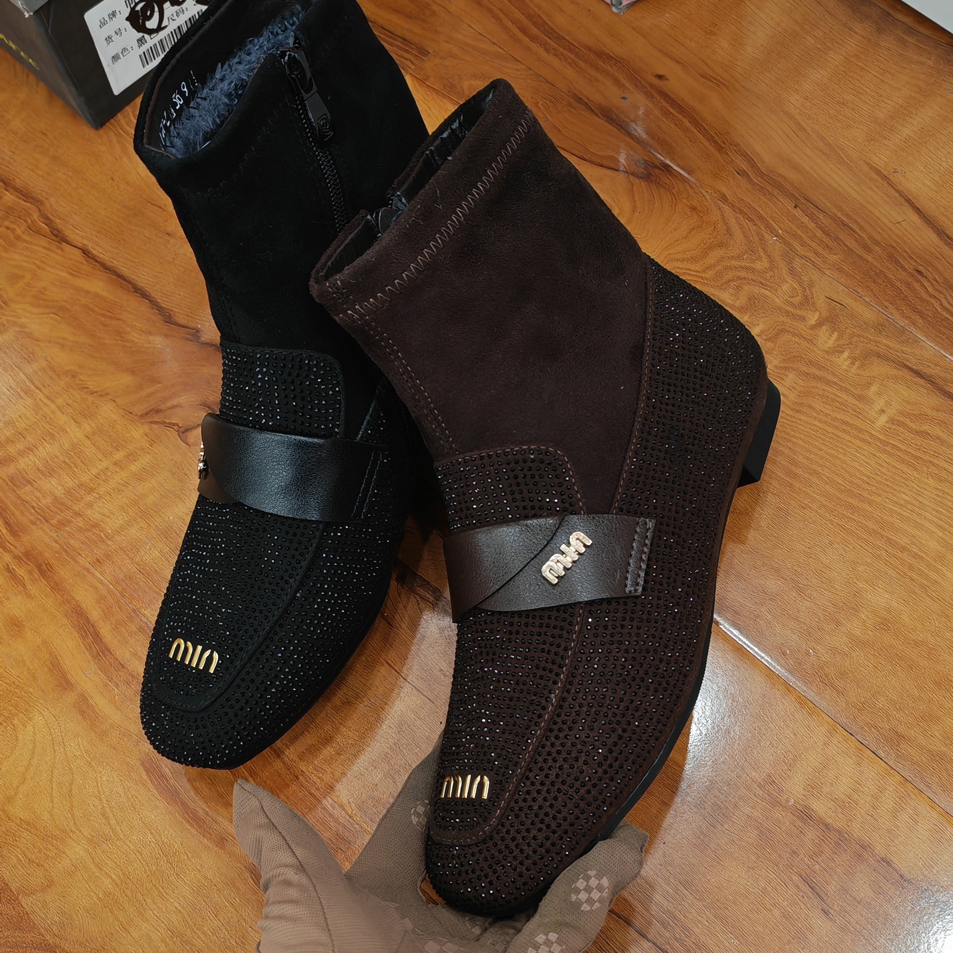 法式时尚百搭中跟圆头秋冬一脚蹬女靴粗跟短靴袜靴