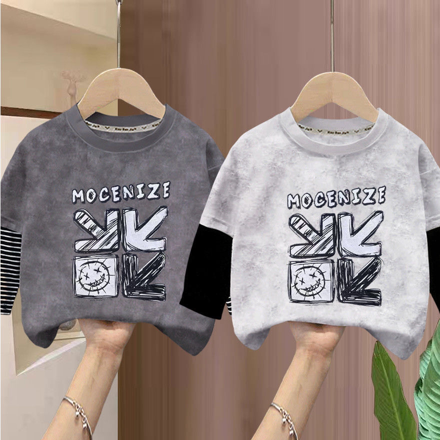 新中式儿童夏季2025新款卡通字母印花长袖T恤男童女童潮牌上衣服t