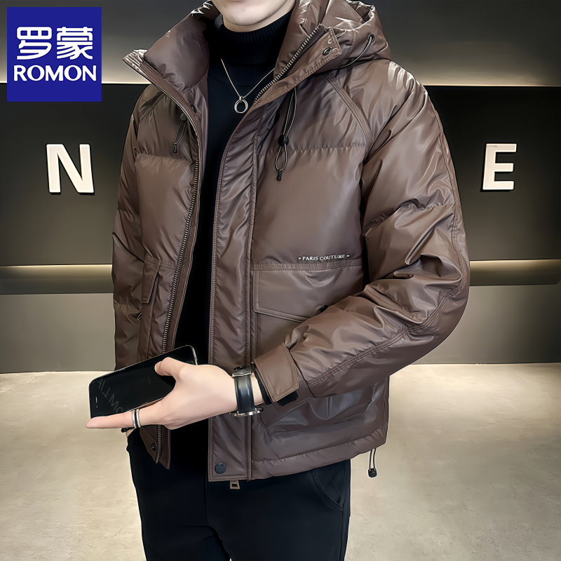 罗蒙防寒服冬季2026年新款潮牌帅气高端轻薄短款连帽加厚冬装外套
