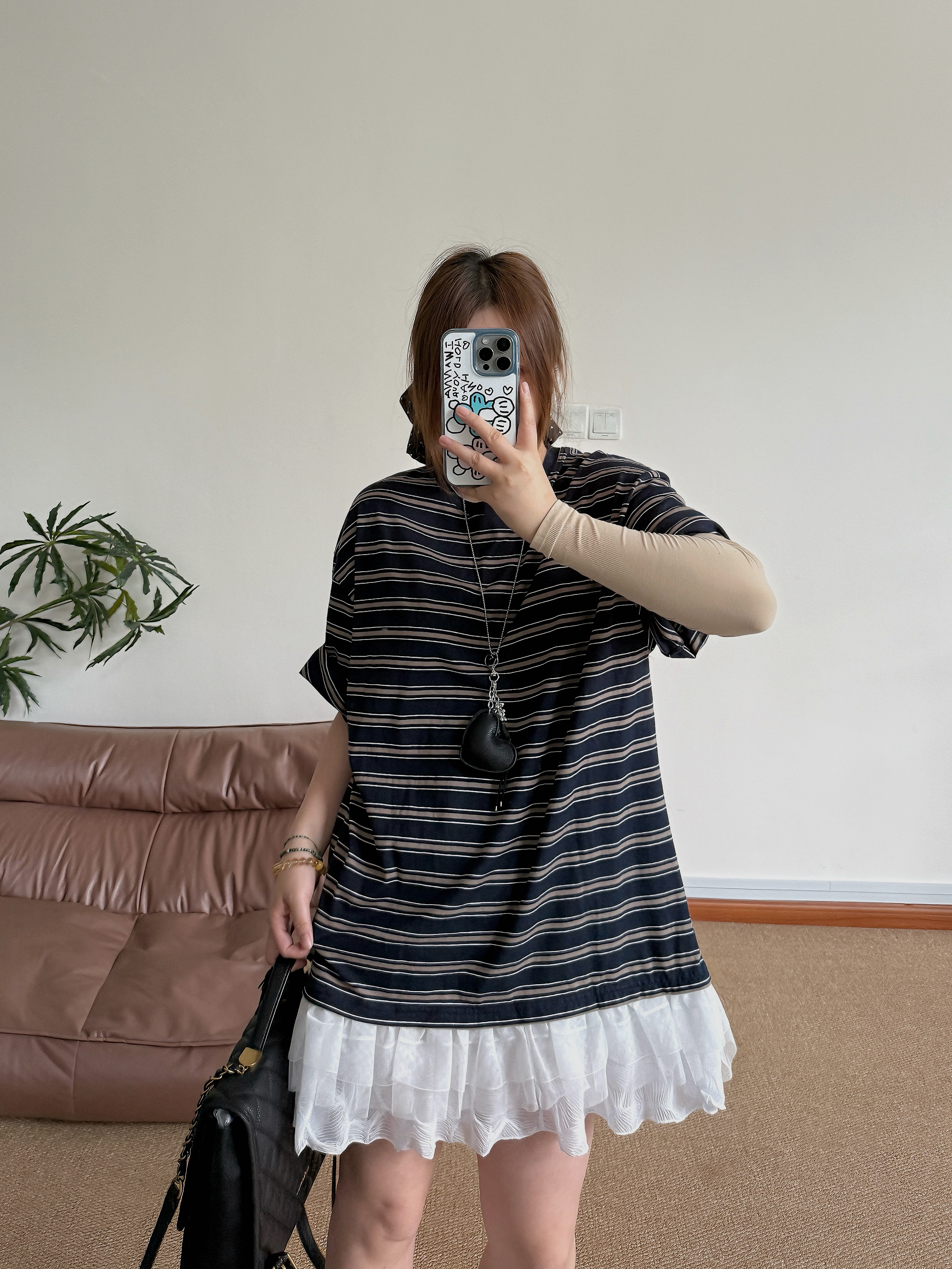 夏季新款韩版拼接条纹圆领瑞丽风蕾丝常规INS风夏季T恤中长款