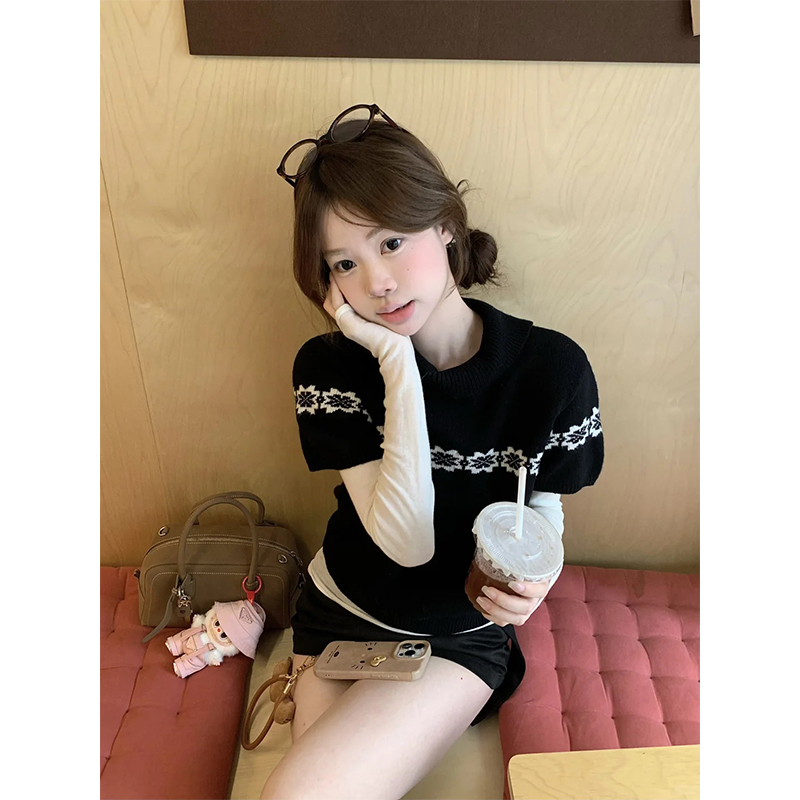 女生韩系ins衣服古着花朵短袖针织毛衣长袖打底衫高腰黑色半身裙
