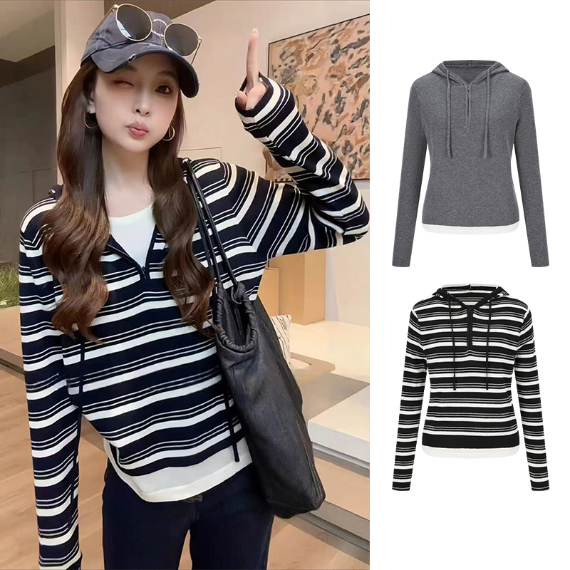 MosesQueen/魔西女王时尚条纹连帽针织衫撞色拼接假两件秋冬上衣