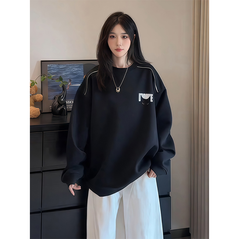 美式重磅卫衣男款秋季猫眼字母印花长袖t恤高级感黑色内搭打底衫