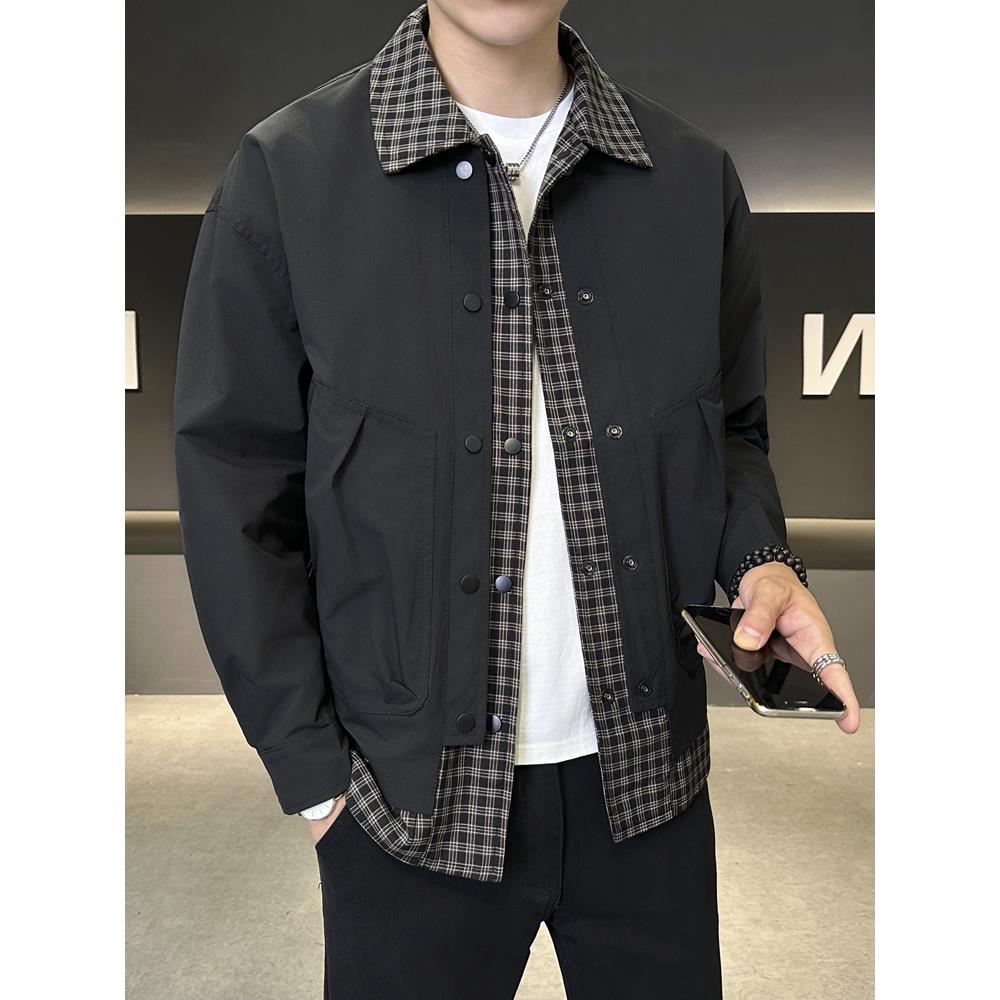 灏吉弧假两件格子外套男士翻领夹克爆款2025春秋宽松拼接工装秋装