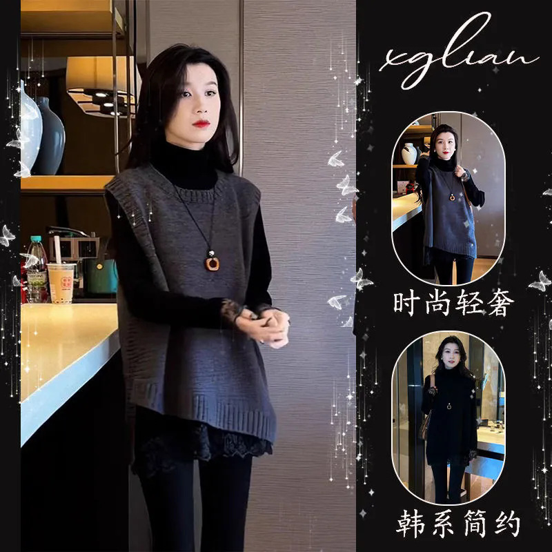 单件/新款女装冬不规则下摆无袖针织马蕾丝黑色长袖打底衫潮流