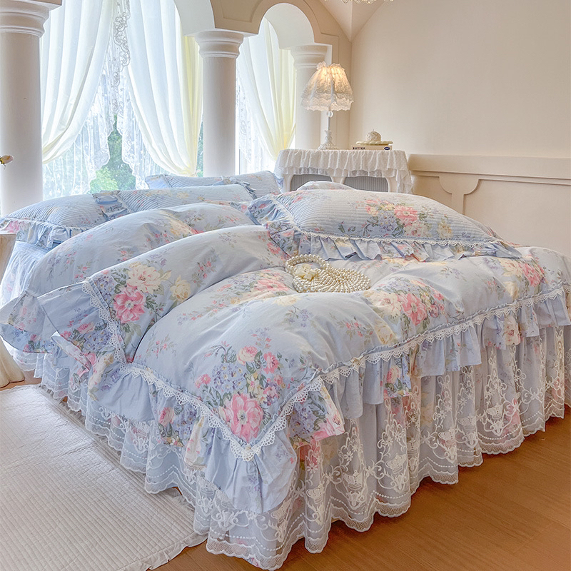 100%全棉加厚夹棉床裙纯棉四件套棉床罩被套田园公主裙边防滑床套