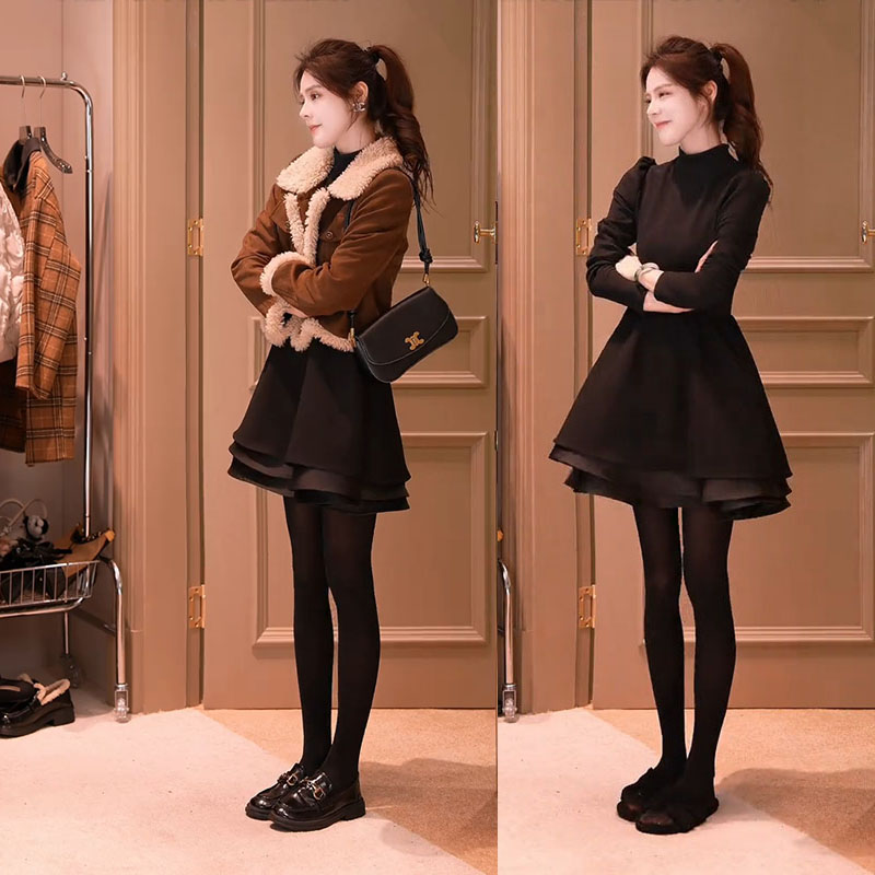 冬季超火穿搭一整套女2025新款美拉德气质短外套显瘦连衣裙两件套